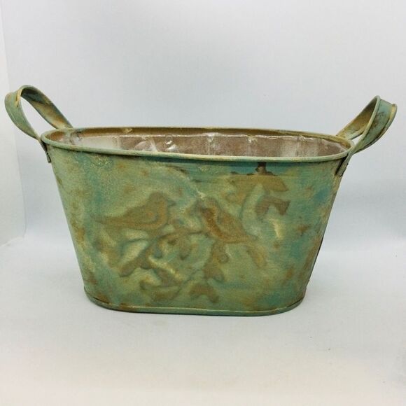 Shabby Chic Birds Tin Planter Storage Organizer NWT - Picture 1 of 10